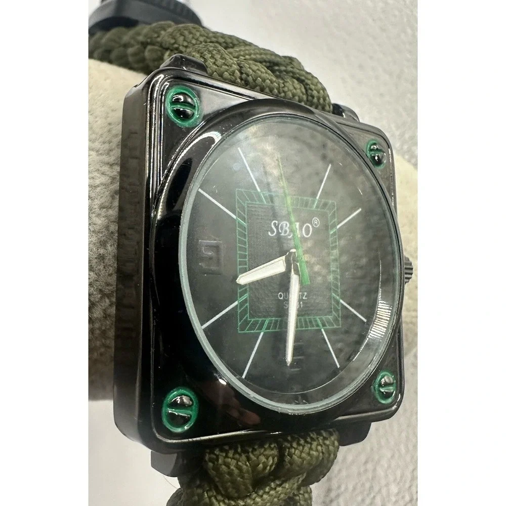 SBAO Green Survival Paracod Compass Watch Fire‎ Scraper Whistle New Battery Y